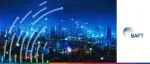 BAFT logo beside a vibrant night view of a glowing city skyline, featuring a dense digital mesh network representing global banking connectivity.