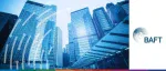 BAFT logo beside blue-tinted modern glass skyscrapers and digital networking lines, representing the 2021 Virtual Global Annual Meeting.