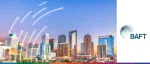 BAFT International Trade Conference 2022 event banner featuring a vibrant metropolitan cityscape at dusk.