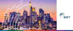 Frankfurt skyline at sunset featuring the Commerzbank Tower and Main River, promoting the BAFT 2025 Global Councils Forum.