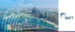Daytime aerial view of the Dubai coastline featuring the Ain Dubai observation wheel and the Jumeirah Beach Residence (JBR) skyline for the BAFT 2025 MENA Bank-to-Bank Forum.