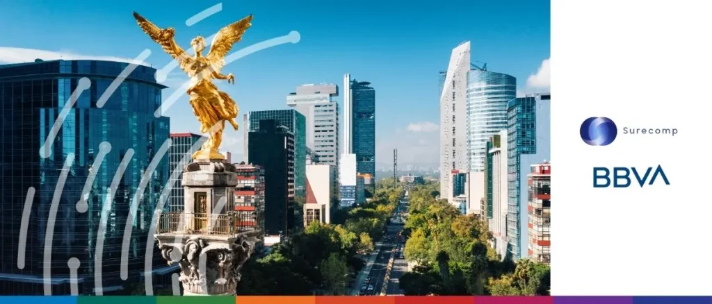 Angel of Independence monument in Mexico City, symbolising digital transformation in trade finance with modern buildings in the background