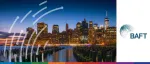 BAFT 2026 International Trade and Payments event banner featuring New York City skyline at sunset and abstract graphic elements.