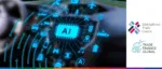 A digital glowing AI processor chip with interconnected technology icons, featuring International Trade Centre and Trade Finance Global logos for an article on managing AI in the workplace.