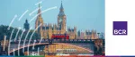 BCR event banner featuring iconic London landmarks, including the Houses of Parliament and a traditional red bus.