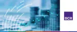 BCR logo next to blurred stacks of coins and a rising green line graph, representing the Receivables Finance International Convention 2021.