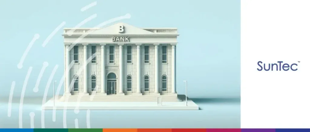 A wide, landscape-oriented digital illustration of a white, neoclassical bank building set against a muted blue-gray background. The building features a grand entrance with tall columns and a triangular pediment at the top with the letter "B" and the word "BANK" inscribed on it. The lighting is low and moody, casting soft shadows across the facade and the surrounding flat platform. Small, minimalist street lamps flank the building, providing subtle points of light in the dim environment.