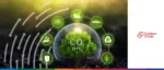 Digital dashboard with a globe and data nodes featuring the CarbonChain logo, representing free CBAM compliance tools and supplier engagement solutions for manufacturers.