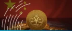 A digital illustration featuring a large gold coin embossed with the Yuan symbol (¥) and traditional Chinese cloud patterns, set against the backdrop of the Chinese national flag. A stylized fingerprint icon made of white data lines sweeps across the left side, and several other gold coins lie scattered in the foreground.