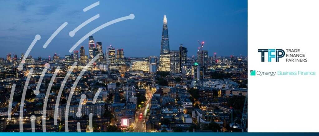 City skyline at dusk with Trade Finance Partners logo overlay.