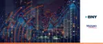A digital financial graph and city skyline overlay featuring the BNY and Mizuho bank logos, symbolizing their digital trade finance agreement.
