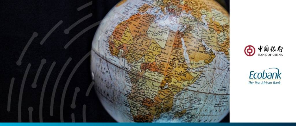 Ecobank and Bank of China logos alongside a globe centered on Africa, illustrating a trade finance partnership.