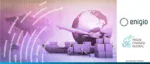 A purple-toned 3D graphic of a cargo ship, freight plane, and delivery truck surrounding a globe, featuring Enigio and Trade Finance Global logos to announce the IG P&I approval of the trace:original eBL solution.
