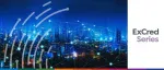 ExCred Series logo beside a night skyline of a illuminated city with a digital mesh network, representing the ExCred Digital event in March 2021.