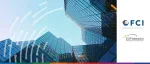 Logos for FCI and EUFederation beside a low-angle view of sharp, modern glass skyscrapers reflecting a clear blue sky.