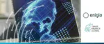 A digital globe on a laptop screen featuring Enigio and Trade Finance Global logos to illustrate technology solutions for combating financial crime.