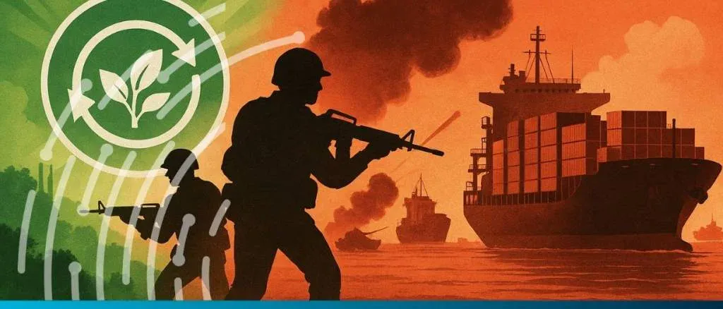 Silhouettes of soldiers in a conflict zone near a large cargo ship, illustrating the impact of geopolitical risk on IMO 2050 shipping decarbonisation goals.