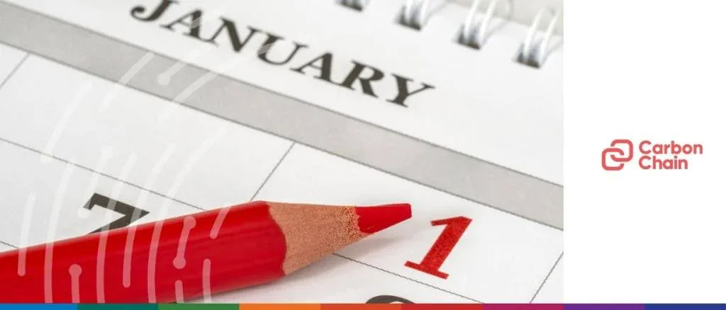 A close-up of a calendar marked January 1st with a red pencil, with Carbon Chain branding for a guide on the 2026 CBAM deadline.
