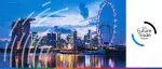 Dusk view of the Singapore skyline featuring the Marina Bay Sands and the Singapore Flyer, for the ICC Future Trade Forum held in March 2023.