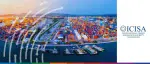 Sunset aerial view of a busy container port and shipping terminal for the ICISA Surety Week 2024, organized by the International Credit Insurance & Surety Association.