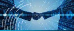 A digital illustration of two business professionals shaking hands, integrated with glowing binary code and data streams to represent the digital bills of exchange (dBE) transactions completed by Lloyds Bank and Mercore.