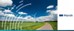 A scenic view of wind turbines in a green field under a bright blue sky, featuring the Marsh logo to represent their commitment to boosting US clean energy investments.