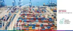 Aerial view of a busy shipping container terminal with S&P Global Market Intelligence and Trade Finance Global logos, illustrating a report on transshipment hubs and sanctions compliance regarding Western-made components.