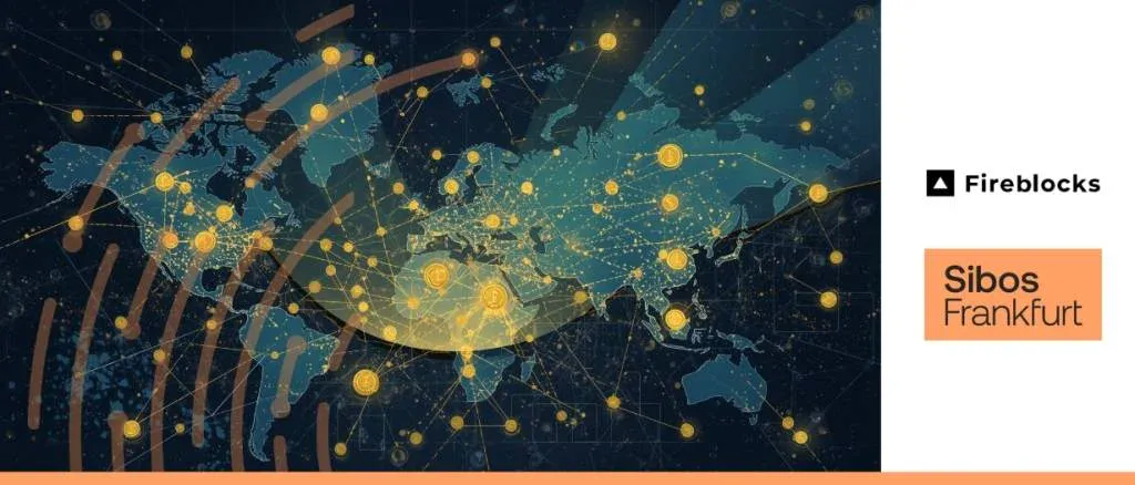 Fireblocks Sibos Frankfurt podcast graphic featuring a world map with glowing nodes, representing the global impact of digital assets policy and blockchain technology.