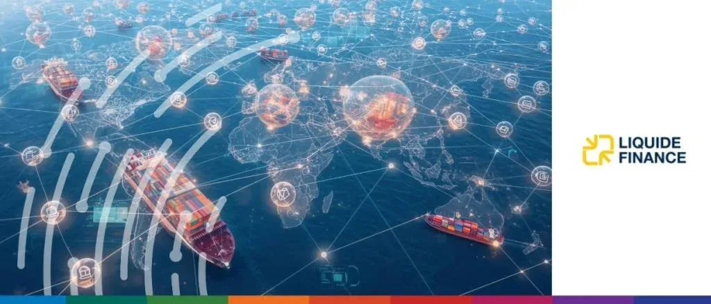 Liquide Finance podcast graphic featuring cargo ships on a digital global network map, illustrating innovation and transparency in commodity trade finance.