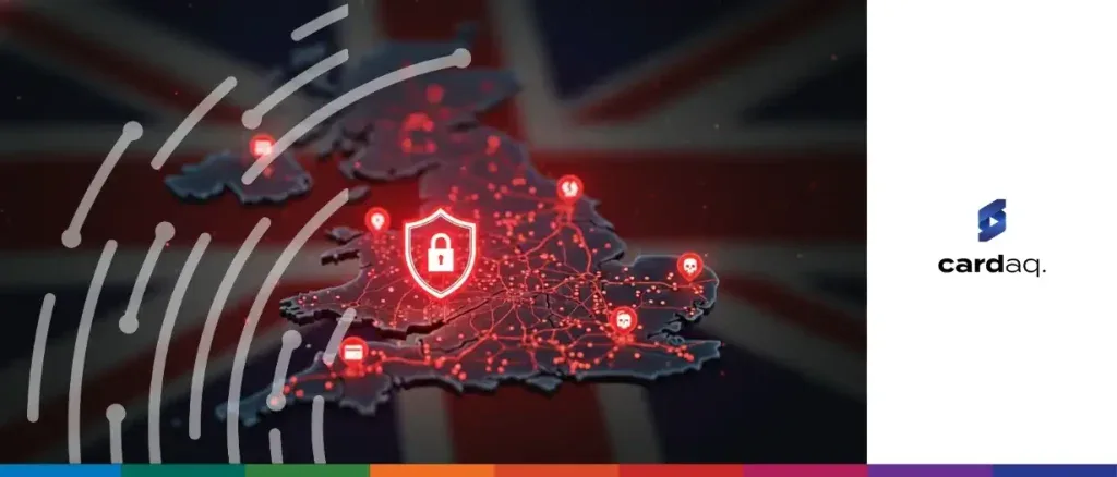 A conceptual digital graphic titled "Payments, protection, and the UK’s progress" by Cardaq. The image features a 3D map of the United Kingdom glowing with red network nodes and data lines against the backdrop of a dark Union Jack flag. Centered over England is a prominent red glowing shield icon containing a white padlock, symbolizing cybersecurity. Various smaller red icons, including credit cards and location pins, are scattered across the map. To the left, stylized grey curved lines suggest a fingerprint or data transmission, while the right side features a clean white panel with the "cardaq." logo.