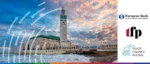 The Hassan II Mosque in Casablanca, Morocco, at sunset with logos for EBRD, TFP, and Trade Finance Global, representing the role of innovative technologies in transforming Moroccan trade.