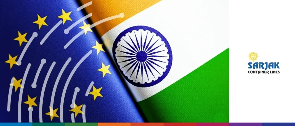 A graphic featuring the flags of the European Union and India overlapping diagonally. The EU flag is on the left with its circle of yellow stars, and the Indian tricolor (saffron, white, and green) with the blue Ashoka Chakra is on the right. Overlaid on the flags is a stylized fingerprint icon consisting of white curved lines and dots. The logo for "SARJAK Container Lines" is positioned in the bottom right corner against a white background.