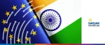 A graphic featuring the flags of the European Union and India overlapping diagonally. The EU flag is on the left with its circle of yellow stars, and the Indian tricolor (saffron, white, and green) with the blue Ashoka Chakra is on the right. Overlaid on the flags is a stylized fingerprint icon consisting of white curved lines and dots. The logo for "SARJAK Container Lines" is positioned in the bottom right corner against a white background.