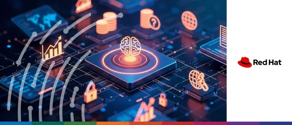 An isometric, high-tech digital landscape featuring a central processing chip topped with a glowing, flat-line art brain icon. The surrounding circuit board is populated with various holographic icons representing trade finance domains, such as a globe, bar charts, and document symbols, all connected by illuminated data paths in a dark blue and orange colour palette.