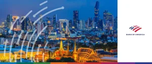 A wide landscape view of Bangkok at dusk. In the foreground, the traditional golden spires of the Grand Palace are brightly lit. The background features a dense metropolitan skyline under a blue twilight sky, including the pixelated architecture of the King Power MahaNakhon building. A white sidebar on the right contains the Bank of America logo, with abstract data-stream graphics overlaid on the left.