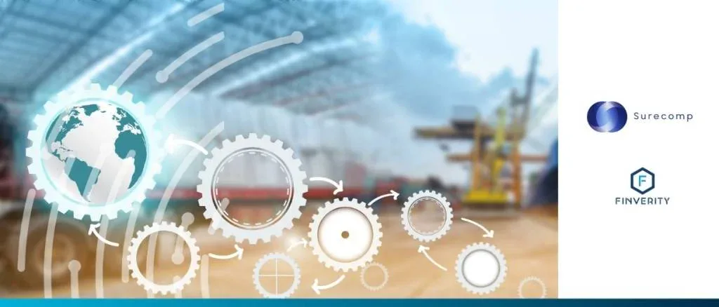 A sponsored news graphic highlighting the strategic partnership between Surecomp and Finverity to provide banks and non-bank financial institutions with end-to-end integrated trade and supply chain finance processing.