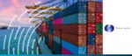 A massive cargo ship loaded with colorful shipping containers at a port under a sunset sky, featuring the Surecomp logo for digital trade finance solutions.