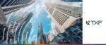 TXF logo beside a low-angle perspective of towering modern skyscrapers in a major Asia-Pacific financial hub under a bright sky.