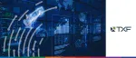 TXF logo next to a woman using a VR headset to interact with holographic financial data charts and a digital world map.