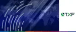 TXF logo on a blue digital world map background with networking lines representing global trade finance.