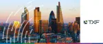 TXF logo beside a sunset view of the London financial district featuring "The Gherkin" and 22 Bishopsgate skyscrapers.