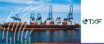 TXF UK Export Finance event banner featuring global shipping logistics and container port infrastructure.