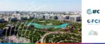 Aerial view of Tashkent, Uzbekistan skyline with IFC, FCI, and Trade Finance Global logos, highlighting development finance and factoring in Central Asia.