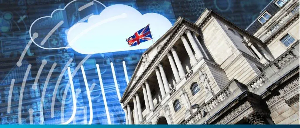 The Bank of England building with a digital cloud and Union Jack overlay, representing new regulatory approaches to AI, DLT, and quantum computing.