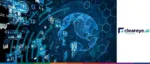 Cleareye.ai digital interface featuring a glowing global network and data analytics dashboard, representing the role of advanced AI in automating trade finance compliance and document processing.
