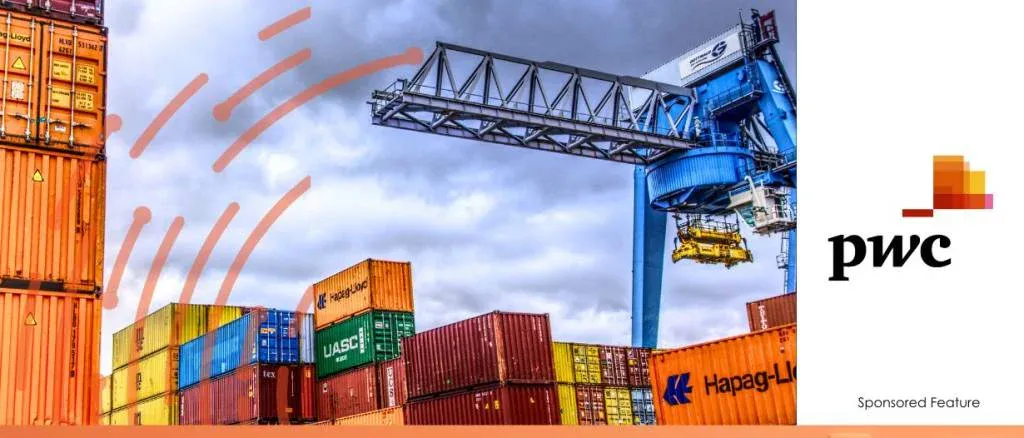A high-angle view of a bustling container terminal with stacked shipping containers and a large industrial crane, featuring the PwC logo to illustrate the digital revolution in bills of exchange and maritime logistics.