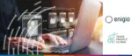 Close-up of hands typing on a laptop with a digital overlay showing document virtualization, featuring Enigio and Trade Finance Global logos for paperless trade.