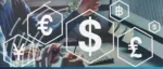 A collage of global currency symbols (Dollar, Euro, Pound, Yen) in hexagonal frames, representing Trafigura raising $1.9 billion in new credit facilities for expansion.