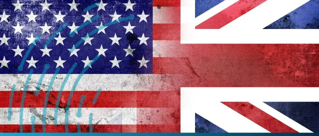 A split-screen graphic of the United States flag and the United Kingdom's Union Jack with a weathered texture, symbolizing the trade pact signed between the UK and Texas to strengthen bilateral ties.