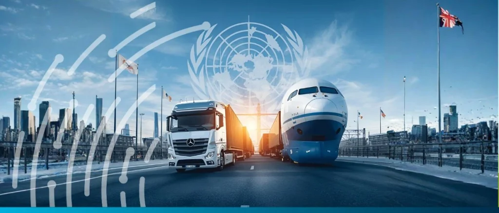 A truck and airplane transport negotiable cargo documents along a road, with cityscapes, flags, and the UN logo in the background, highlighting the importance of the UN Convention on Negotiable Cargo Documents